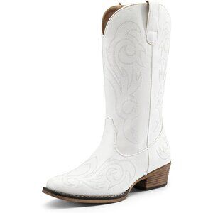Dream Pairs Women's White Mid Calf Cowgirl Boots Square Toe Chunky Heel Shoes
